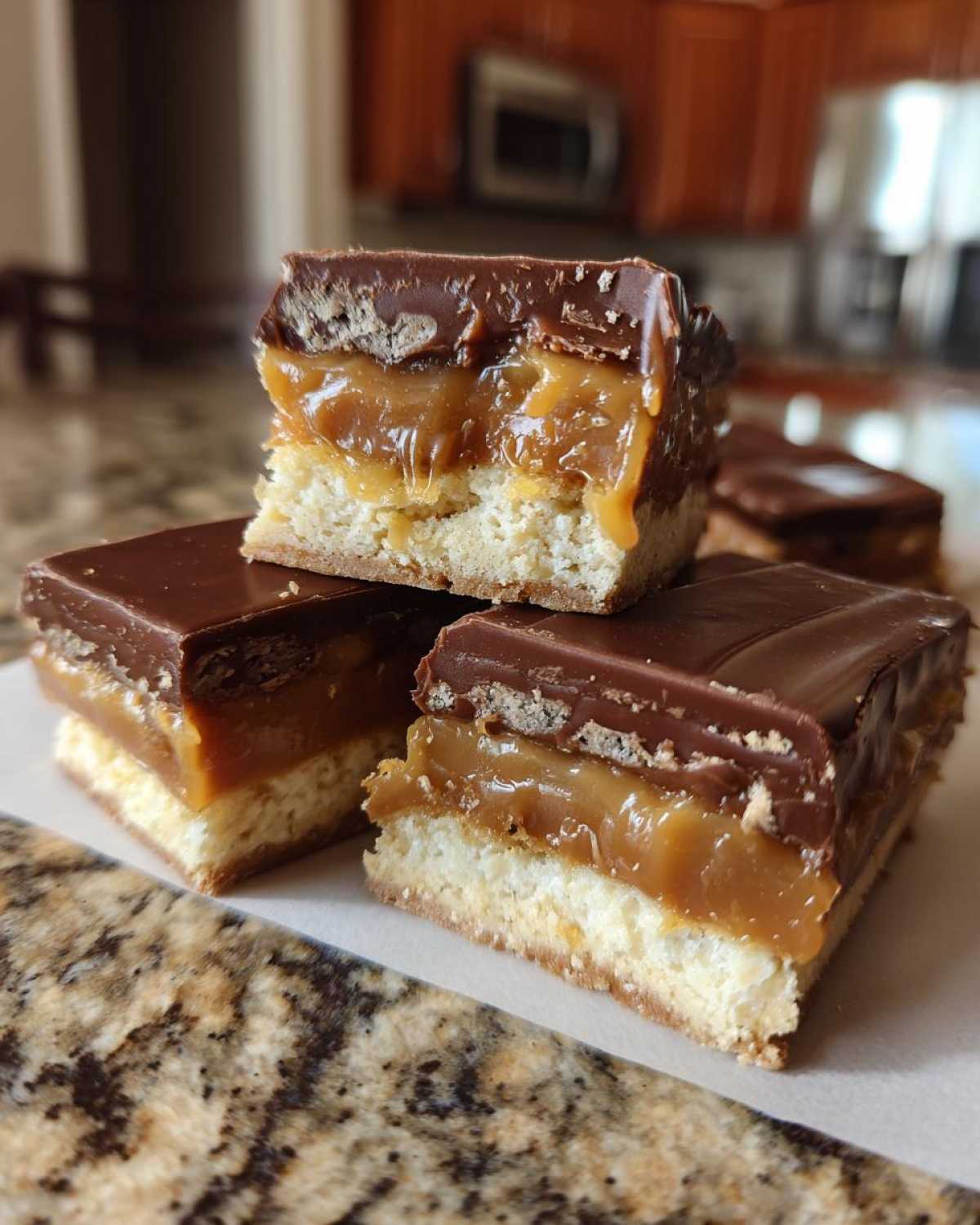 Three stacked homemade twix bars showing the shortbread base, gooey caramel filling, and chocolate topping.