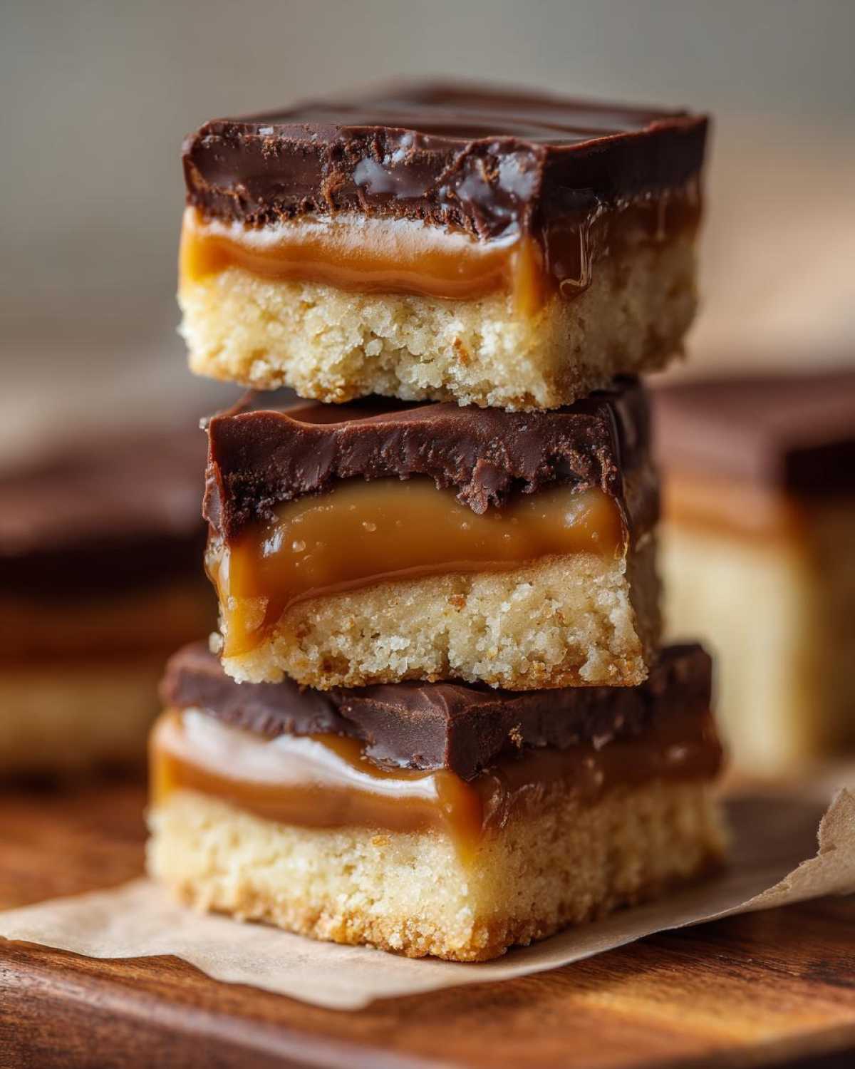 Three homemade twix bars stacked vertically, showing shortbread crust, gooey caramel, and rich chocolate topping.