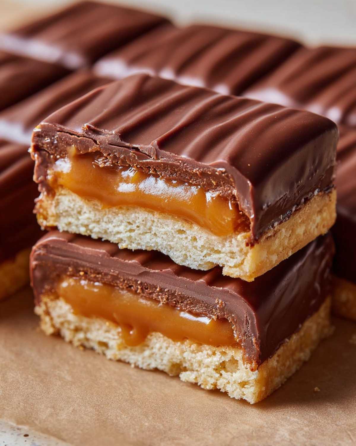 Two stacked homemade twix bars showing the shortbread base, gooey caramel filling, and chocolate topping.