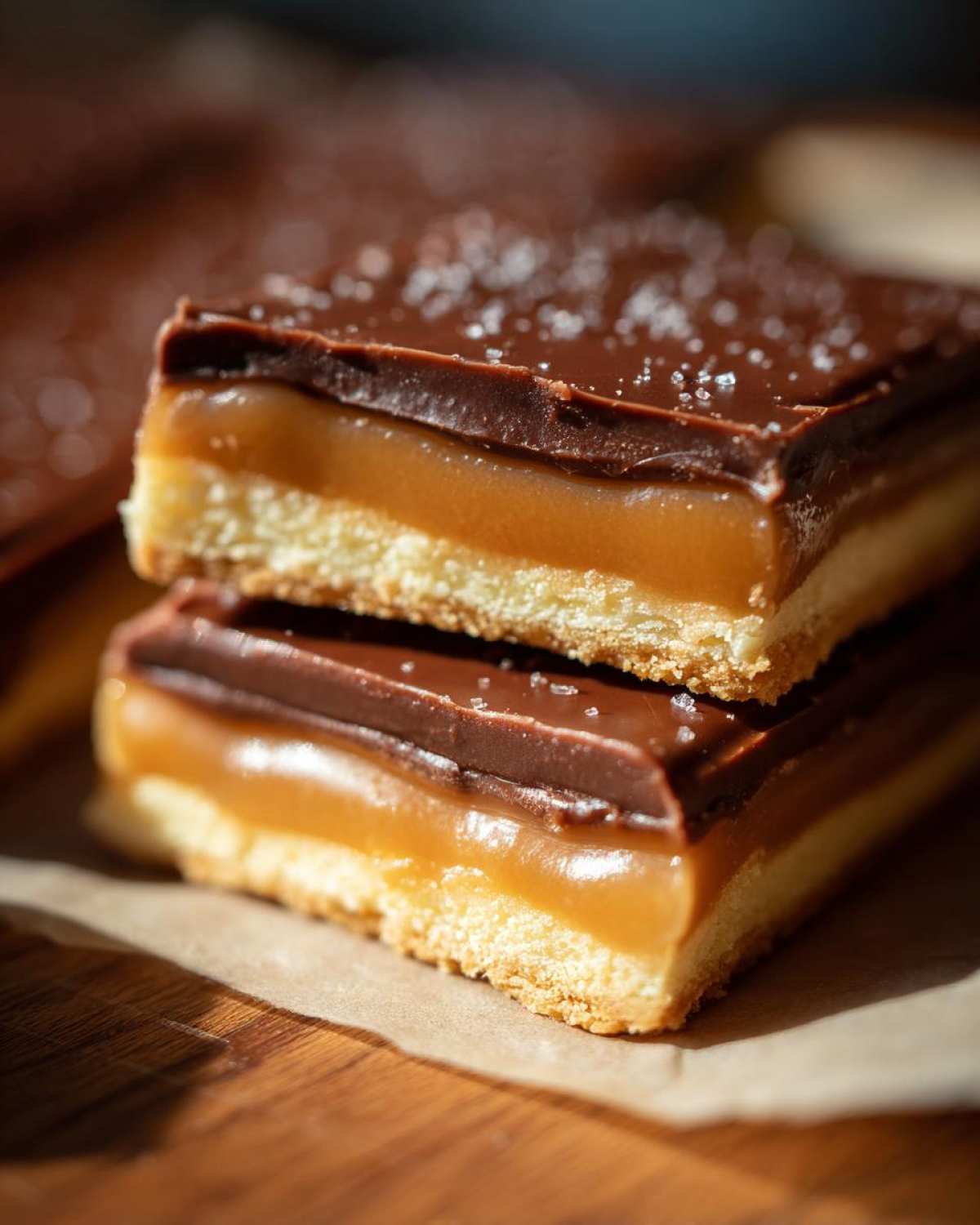 Two stacked homemade twix bars showing the shortbread base, thick caramel layer, and chocolate topping sprinkled with sea salt.