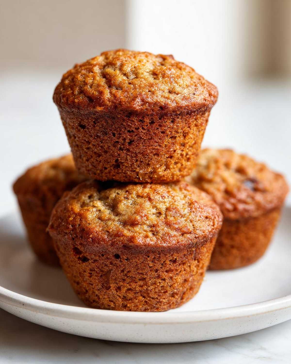 A close-up stack of three golden brown honey bran muffins resting on a white ceramic plate.
