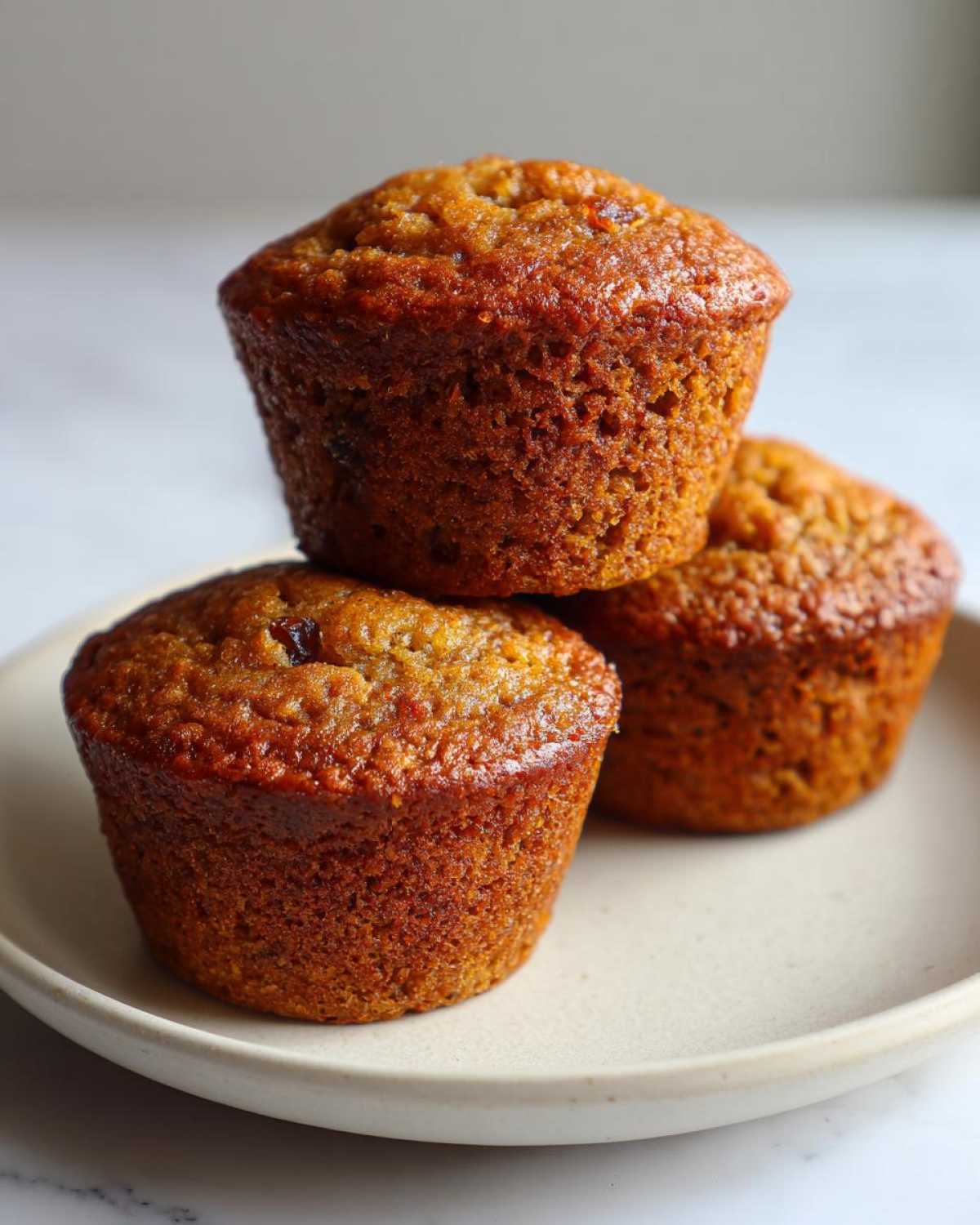 A stack of three freshly baked honey bran muffins with a golden-brown, slightly glossy top, resting on a light ceramic plate.