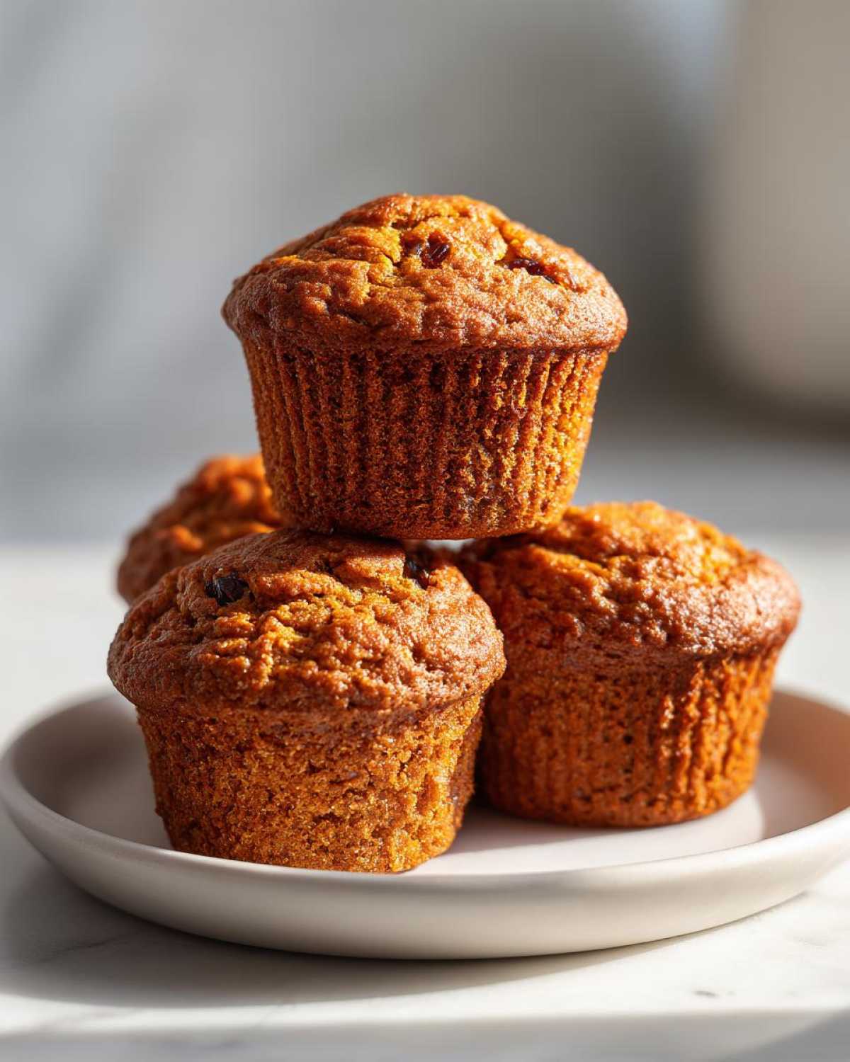 A stack of four golden-brown honey bran muffins resting on a light-colored plate, showcasing their texture.