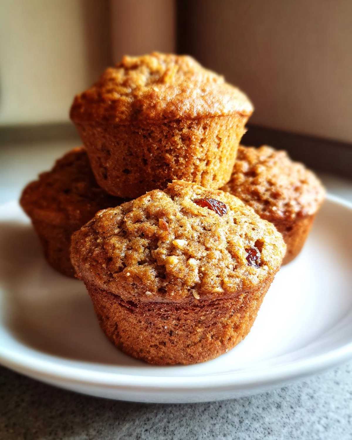 A close-up stack of four golden brown honey bran muffins, one featuring visible raisins, resting on a white plate.