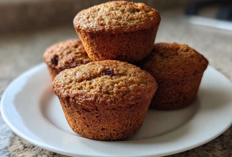 A close-up of four freshly baked honey bran muffins stacked slightly on a white plate.