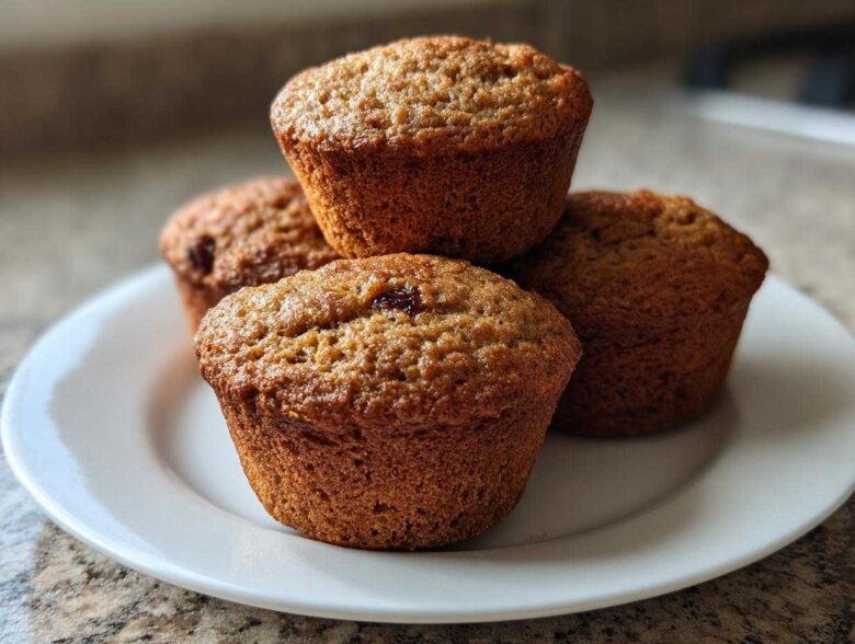 A close-up of four freshly baked honey bran muffins stacked slightly on a white plate.