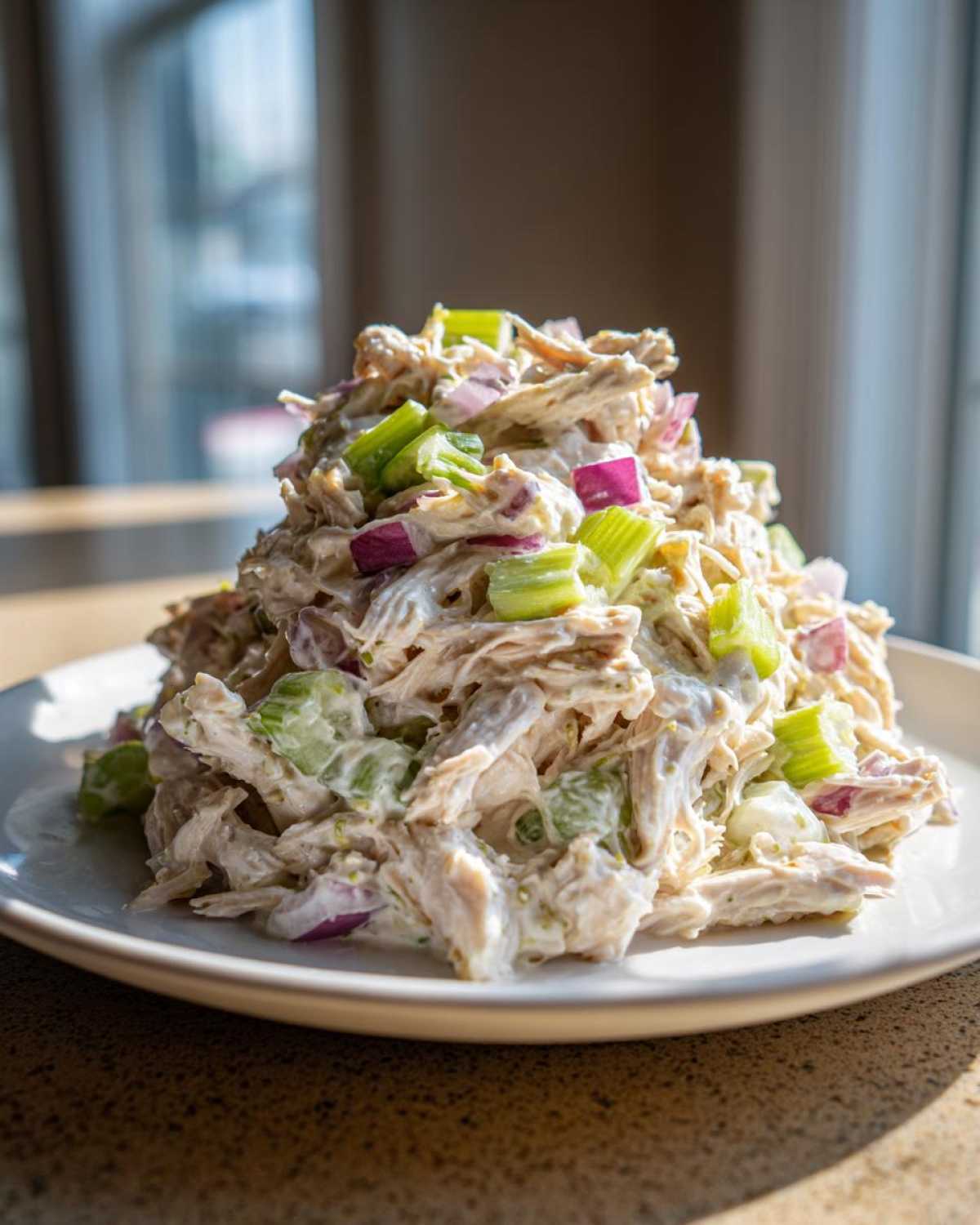 A mound of creamy honey mustard chicken salad mixed with chunks of celery and red onion served on a white plate.