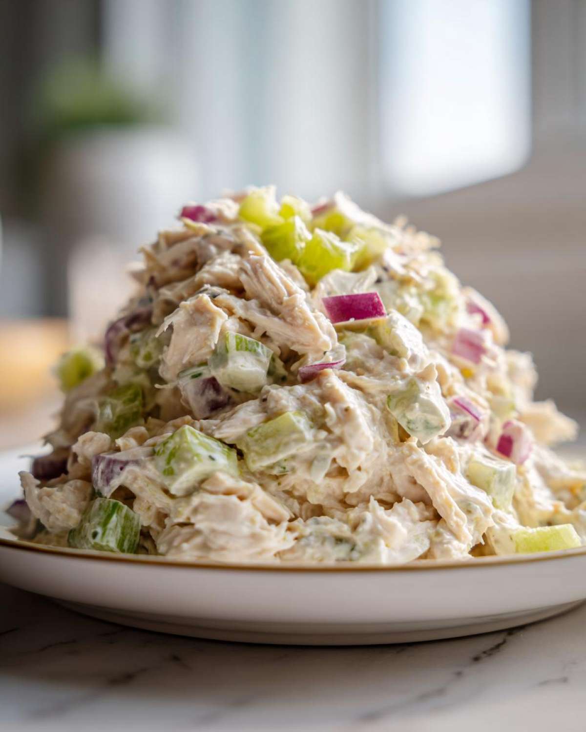 Close-up of a mound of creamy honey mustard chicken salad mixed with diced celery and red onion on a white plate.