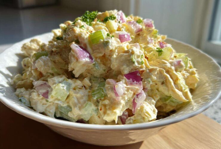 A close-up of creamy honey mustard chicken salad mixed with diced celery and red onion, served in a white bowl.