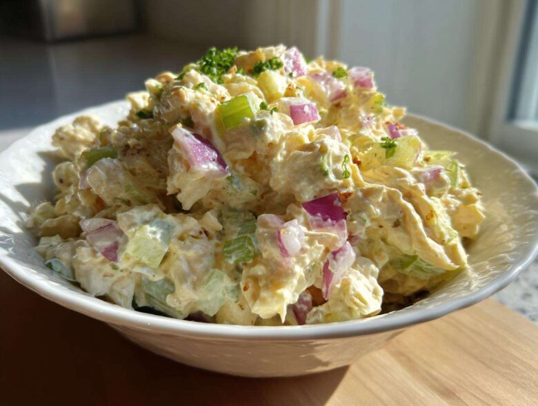 A close-up of creamy honey mustard chicken salad mixed with diced celery and red onion, served in a white bowl.