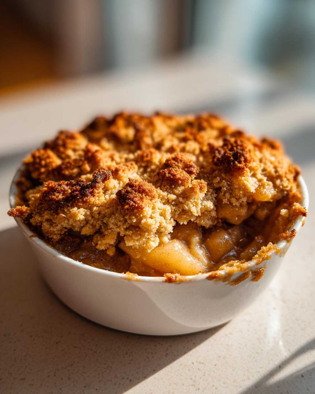 Close-up of a warm, individual serving of apple crumble with a golden, crunchy topping.