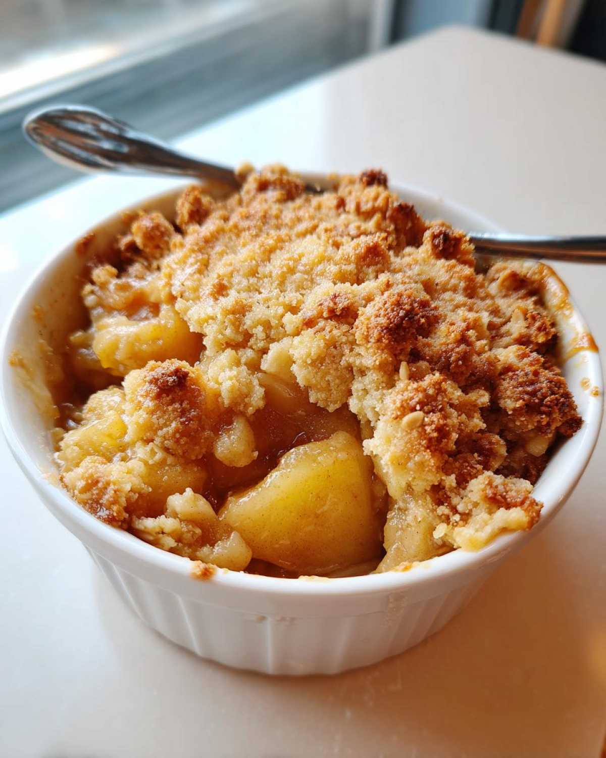 Close-up of a warm, individual serving of apple crumble in a white ramekin with a golden, crunchy topping.