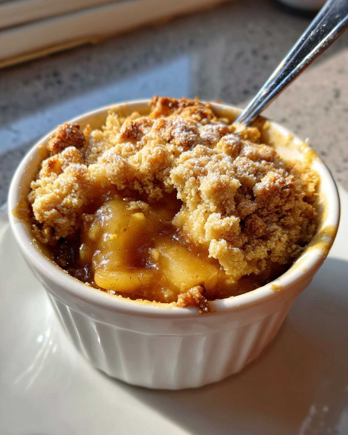 Close-up of a warm, individual apple crumble in a white ramekin, showing bubbling fruit filling and a crisp topping.
