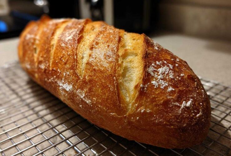 A golden-brown, freshly baked Italian bread loaf with deep scores resting on a wire cooling rack.