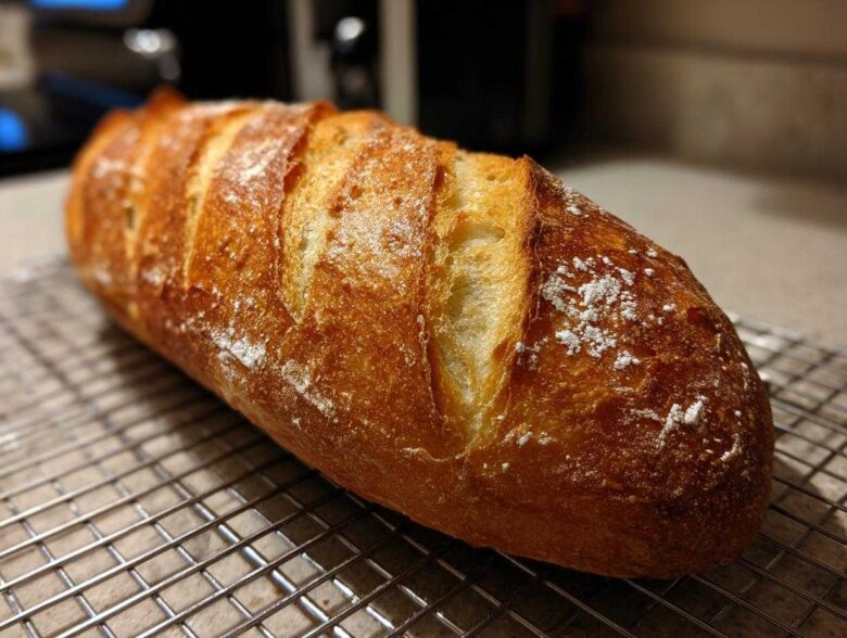 A golden-brown, freshly baked Italian bread loaf with deep scores resting on a wire cooling rack.