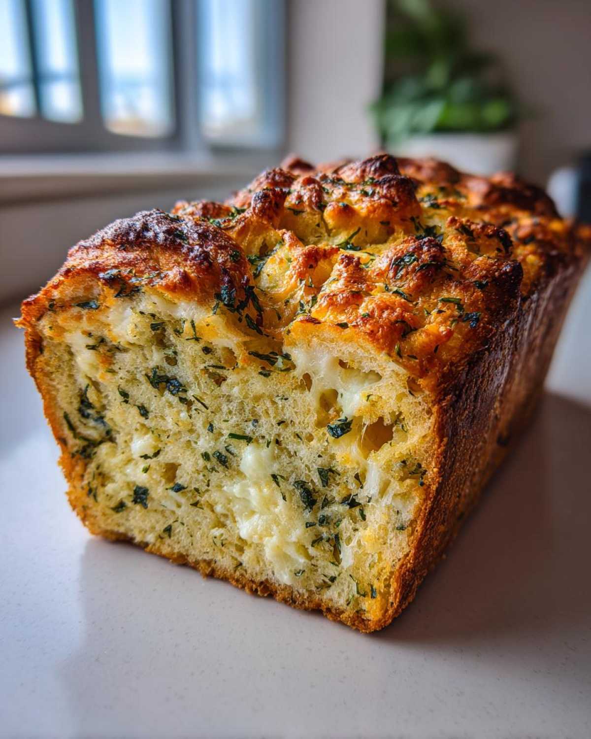 Close-up of a freshly baked loaf of Italian herb and cheese bread showing melted cheese pockets and green herbs.