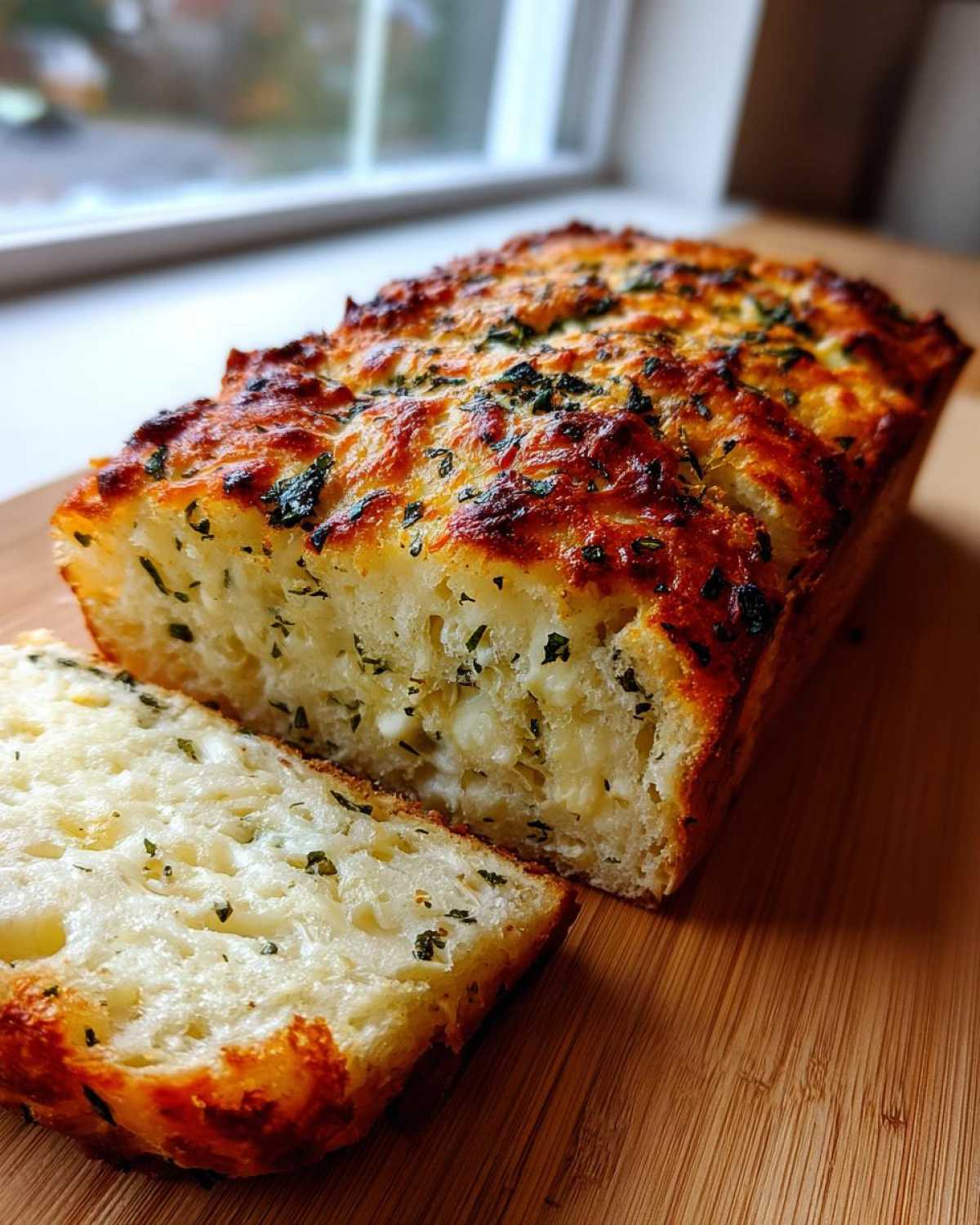 A golden-brown loaf of Italian herb and cheese bread, with one slice cut and resting beside it on a wooden board.