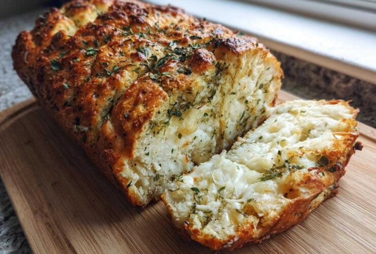 A golden-brown loaf of Italian herb and cheese bread, partially sliced to show melted cheese inside.