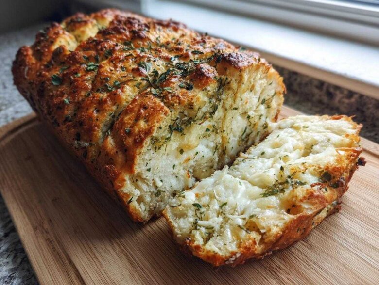 A golden-brown loaf of Italian herb and cheese bread, partially sliced to show melted cheese inside.
