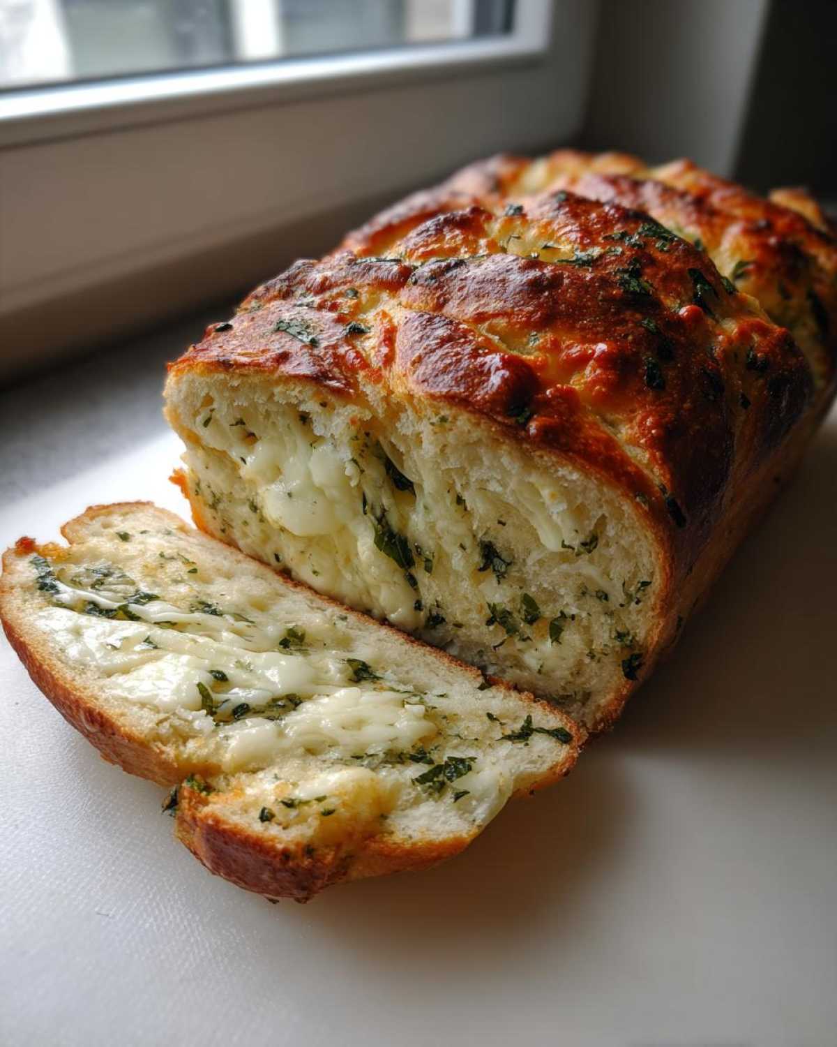 A golden-brown loaf of Italian herb and cheese bread, sliced to show melted cheese and green herbs inside.