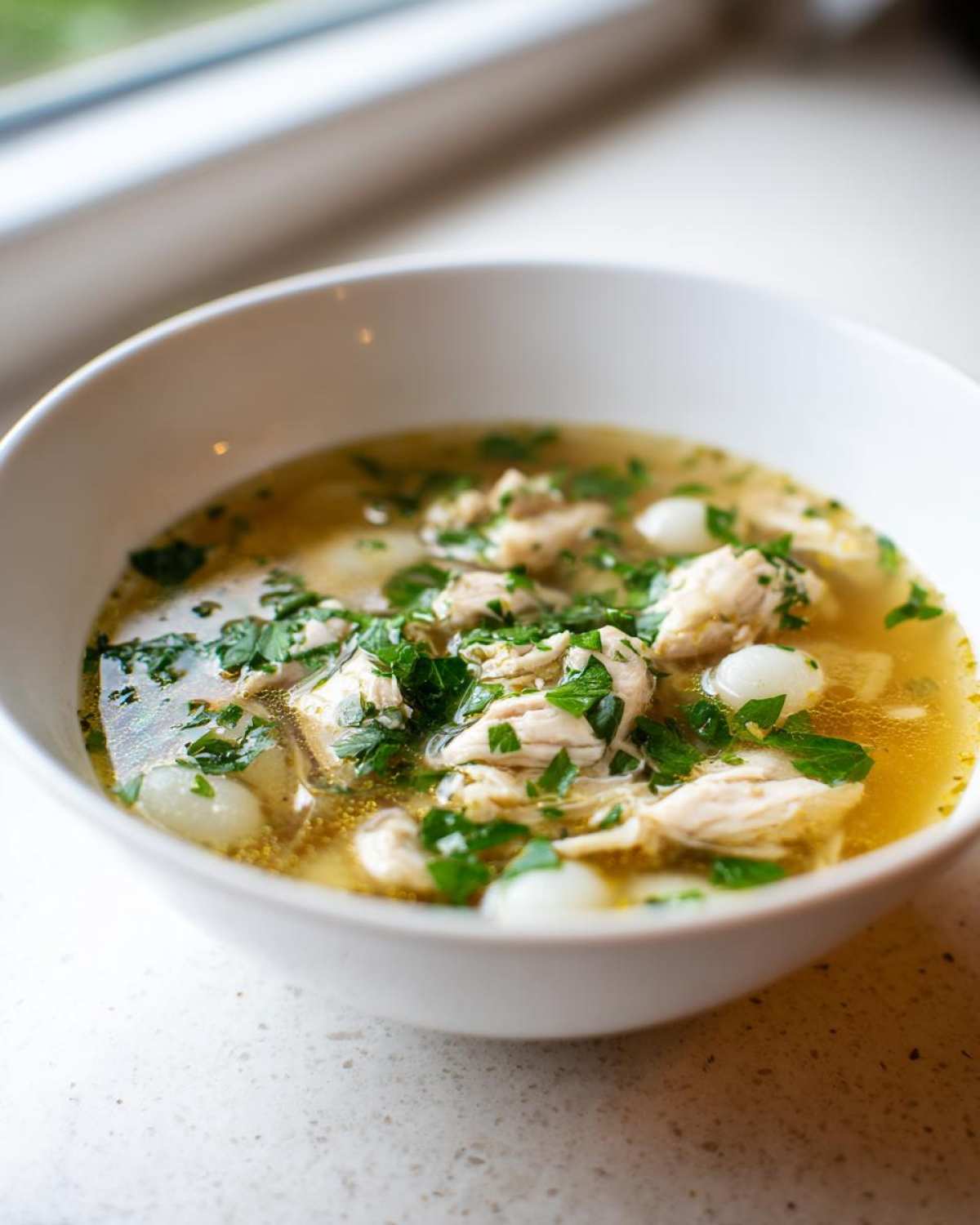 Close-up of a white bowl filled with hot Italian penicillin soup featuring shredded chicken, small white dumplings, and fresh parsley.