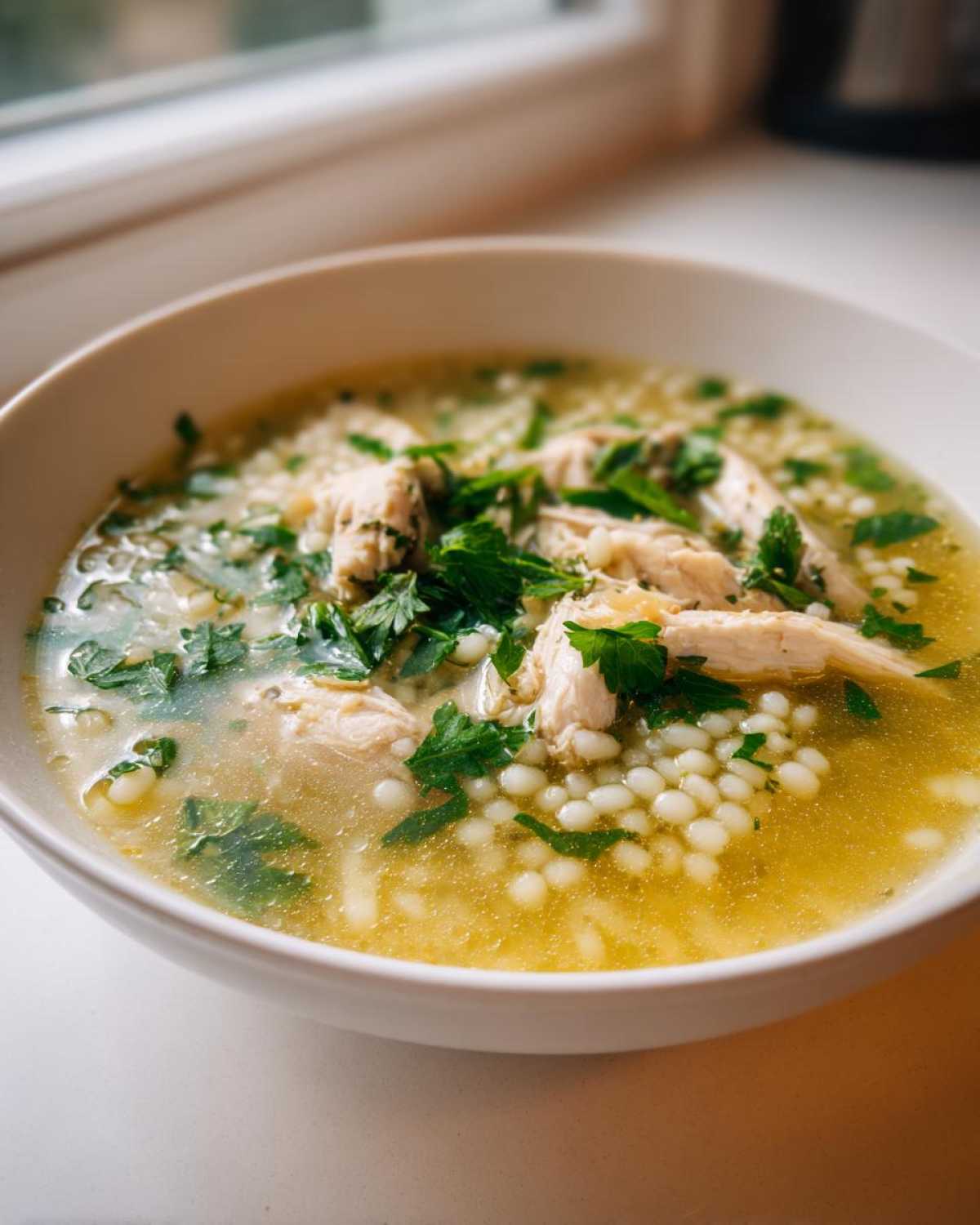 Close-up of a bowl of comforting italian penicillin soup featuring shredded chicken, Israeli couscous, and fresh parsley.