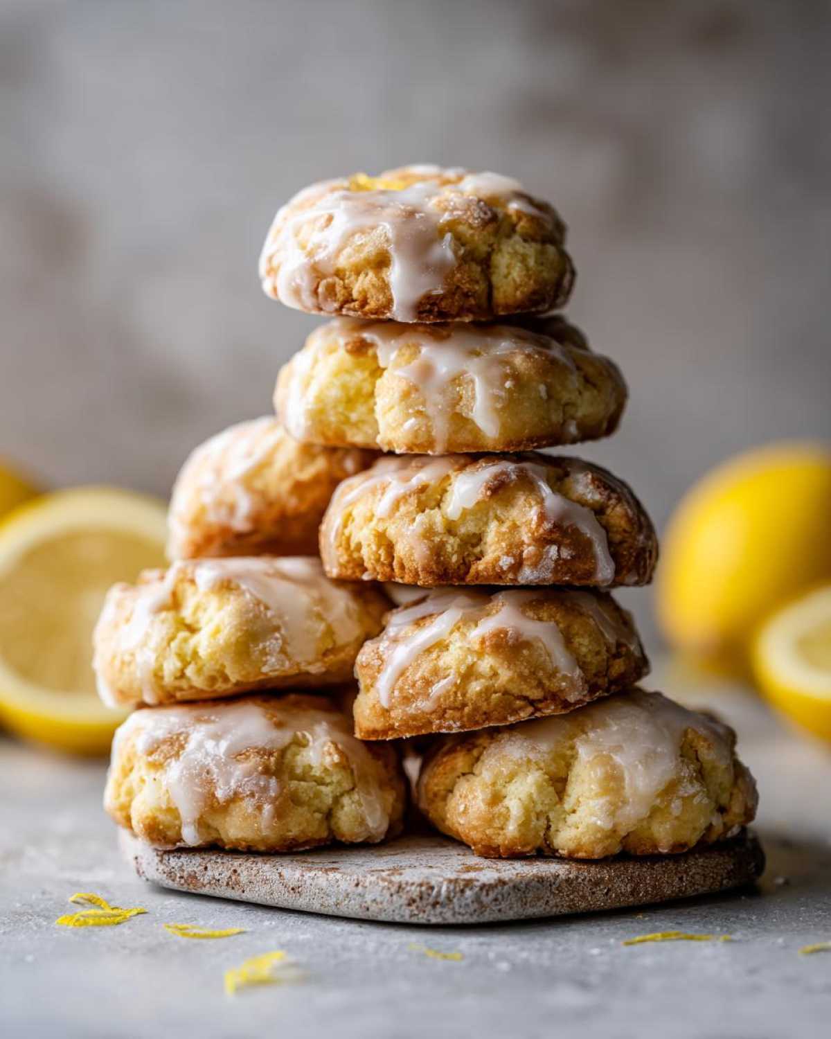 A tall stack of soft Italian ricotta cookies drizzled with white lemon glaze, with fresh lemons in the background.