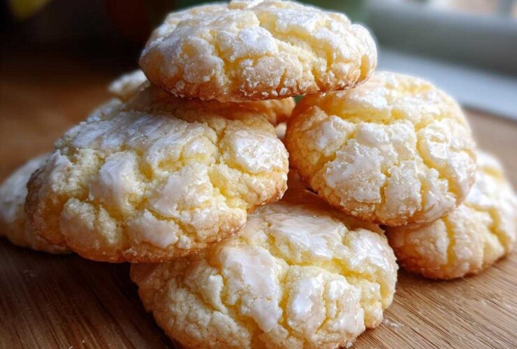A stack of soft, yellow Italian ricotta cookies topped with a white, crinkled lemon glaze.