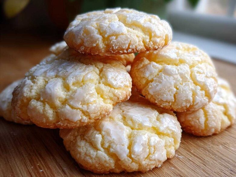 A stack of soft, yellow Italian ricotta cookies topped with a white, crinkled lemon glaze.