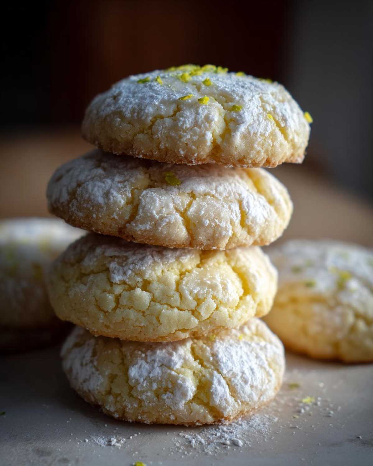 A vertical stack of four soft, crackled italian ricotta cookies dusted heavily with powdered sugar and topped with lemon zest.