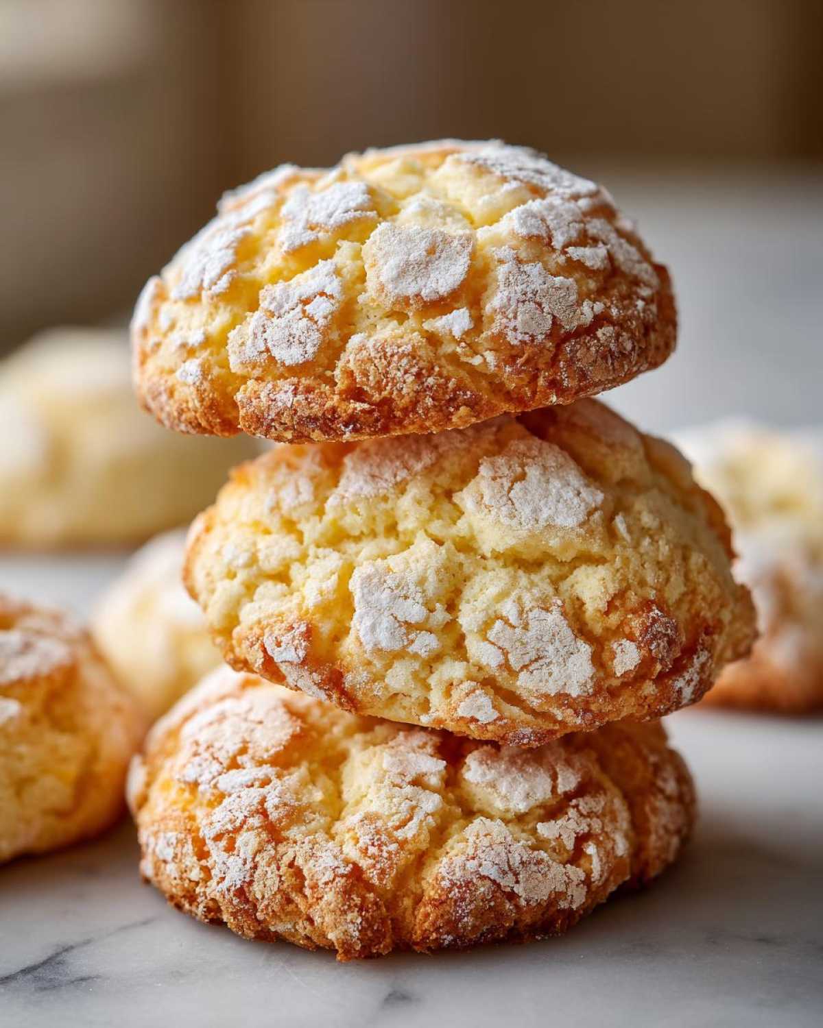 A stack of three soft, crinkled italian ricotta cookies dusted heavily with powdered sugar on a marble surface.