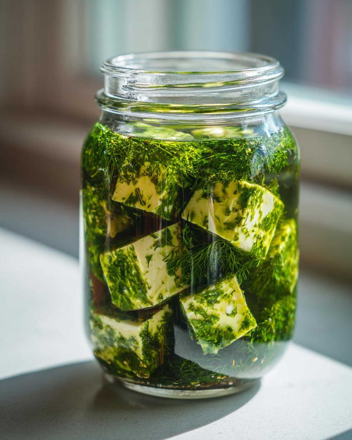 Cubes of cheese heavily coated in fresh dill, submerged in oil inside a clear glass jar for marinated cheese.