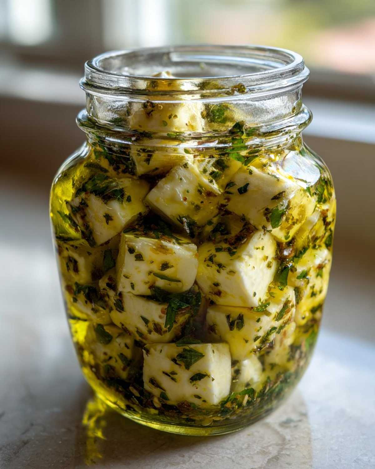 Close-up of cubed white cheese soaking in olive oil and herbs for marinated cheese.