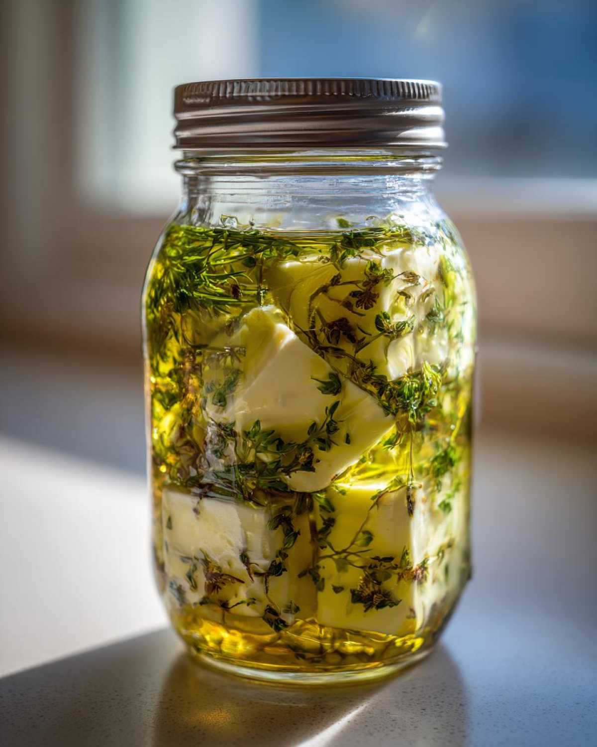 Close-up of cubed cheese soaking in olive oil with fresh thyme, ready for marinated cheese.