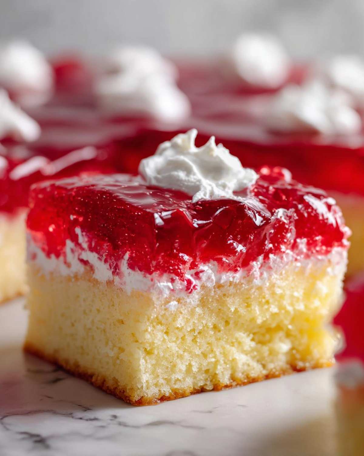Close-up of a square slice of moist jello poke cake featuring a yellow base, white creamy layer, and bright red gelatin topping with whipped cream.