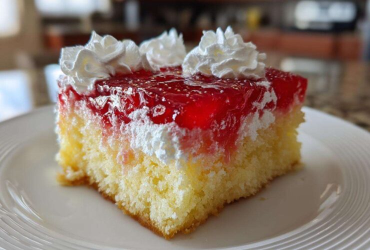 Close-up of a moist slice of jello poke cake featuring a yellow sponge base, white filling, bright red gelatin topping, and dollops of whipped cream.