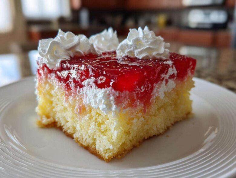 Close-up of a moist slice of jello poke cake featuring a yellow sponge base, white filling, bright red gelatin topping, and dollops of whipped cream.