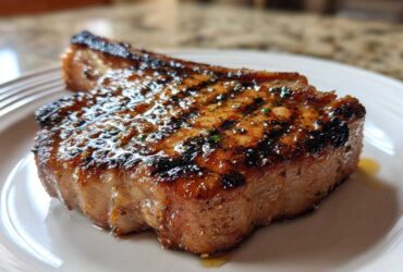 Close-up of a thick, grilled pork chop showing char marks and a glossy marinade glaze, ready to eat.