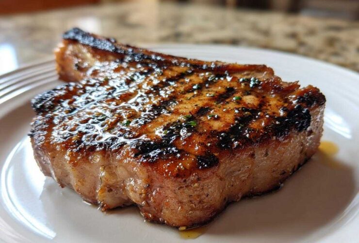 Close-up of a thick, grilled pork chop showing char marks and a glossy marinade glaze, ready to eat.