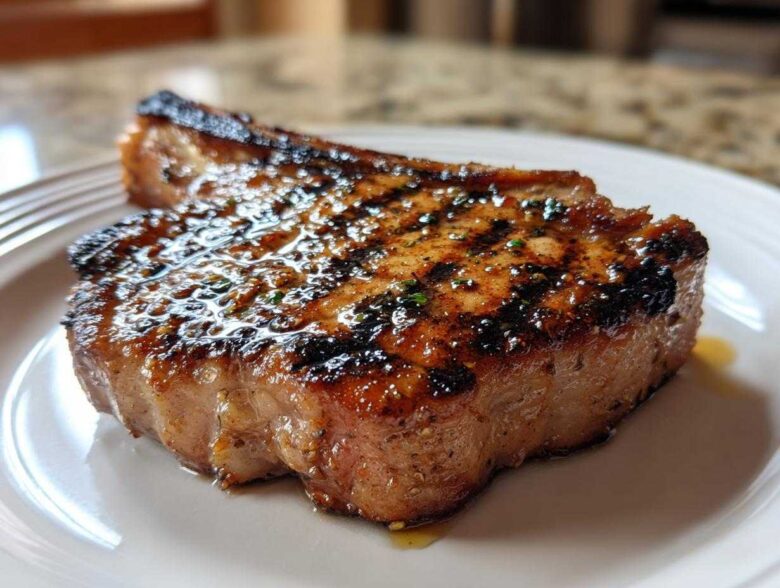 Close-up of a thick, grilled pork chop showing char marks and a glossy marinade glaze, ready to eat.