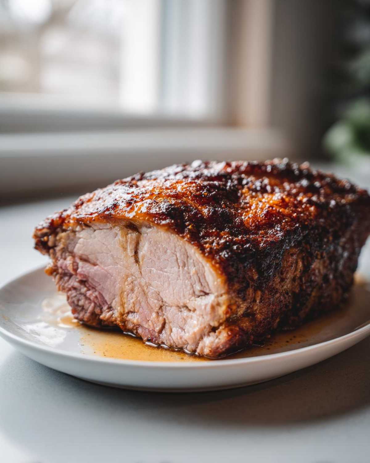 Close-up of a perfectly cooked pork loin roast with a dark, caramelized crust resting on a white plate.