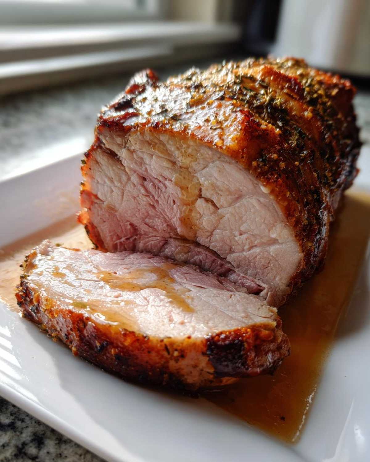 Close-up of a perfectly cooked, juicy pork loin roast, sliced to show pink interior and herb crust, resting in pan juices.
