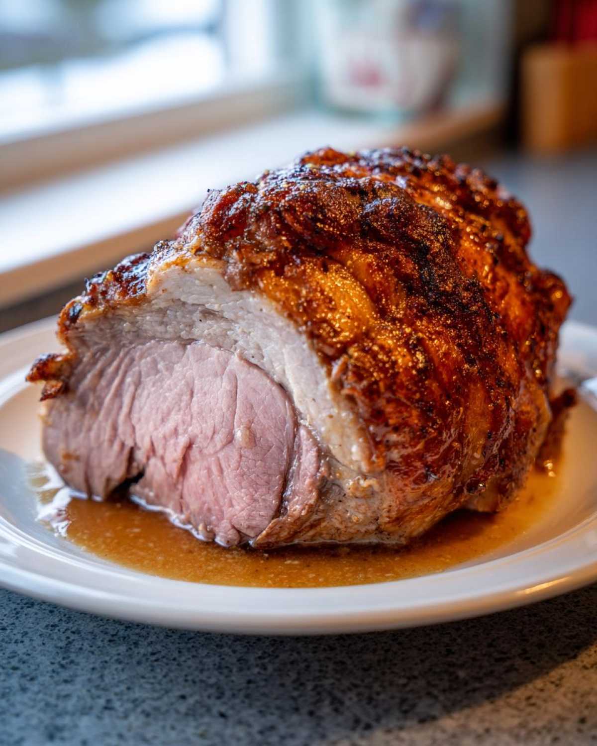 A perfectly cooked pork loin roast, sliced to show the pink, juicy interior and crispy brown crust, resting in its pan juices.