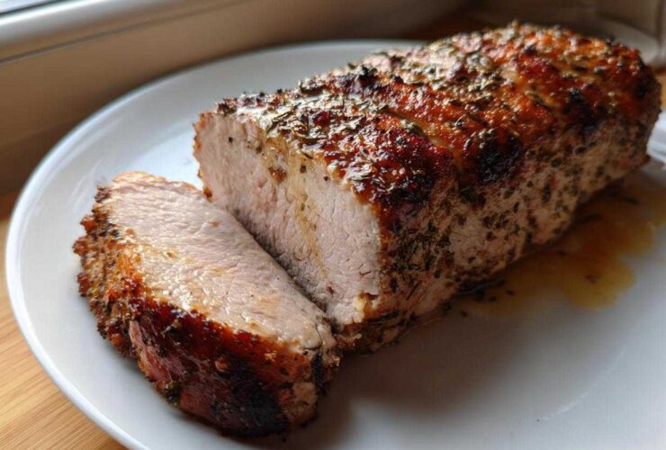 A perfectly cooked, juicy pork loin roast with a browned, herb-crusted exterior, resting on a white plate with juices.