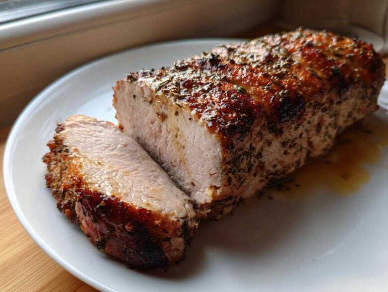 A perfectly cooked, juicy pork loin roast with a browned, herb-crusted exterior, resting on a white plate with juices.