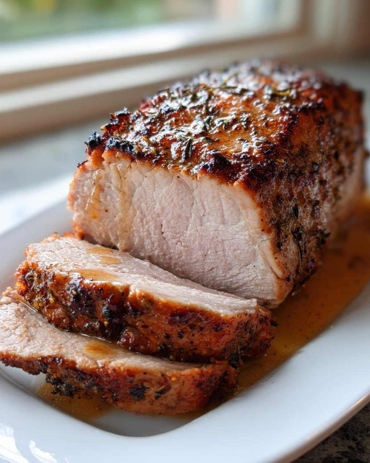 Close-up of a juicy pork loin roast, sliced to show the tender interior and herb crust, resting in pan juices.