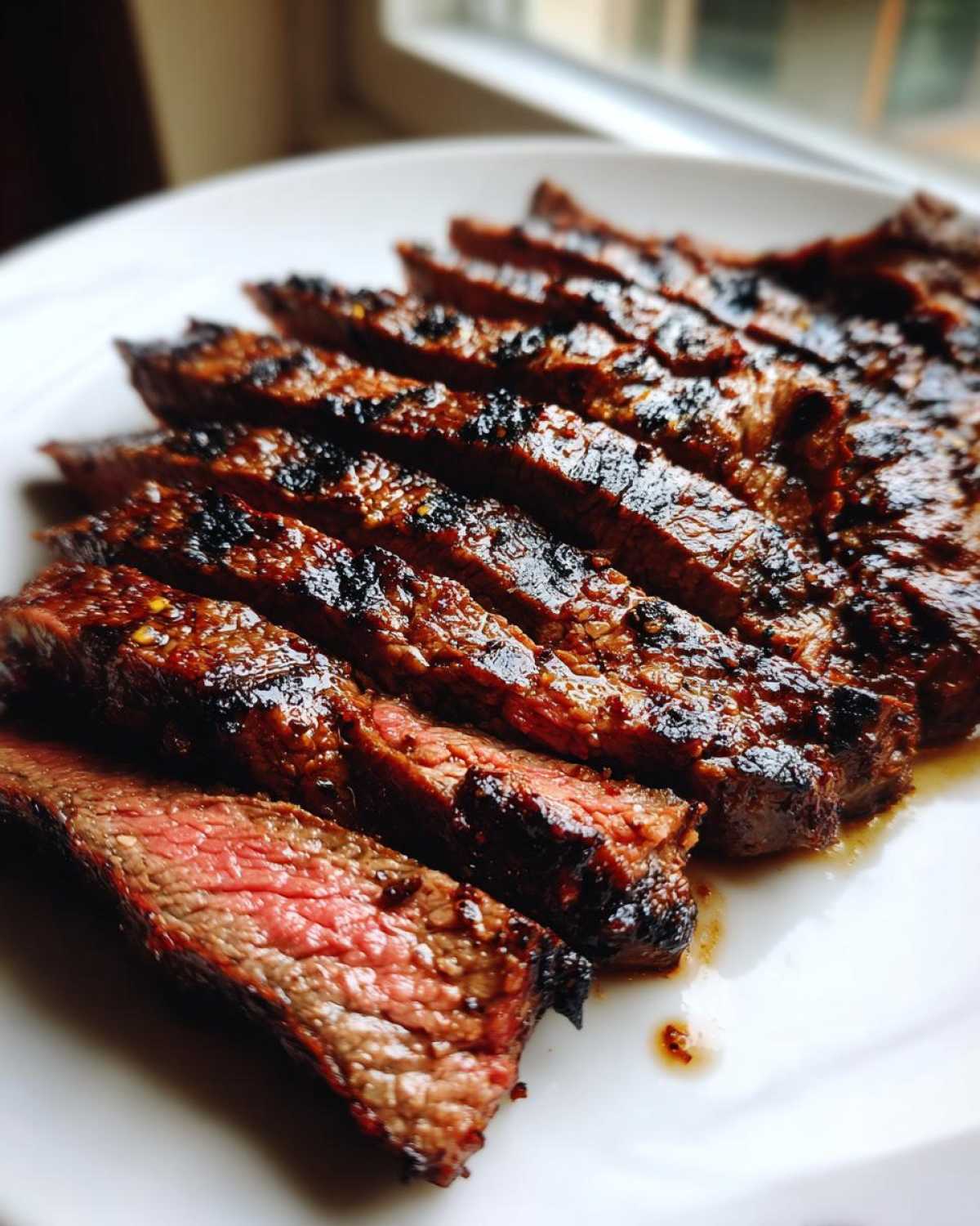 Close-up of perfectly grilled and sliced steak showing a medium-rare center, coated in a rich Carne asada marinade.