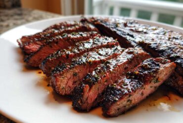 Close-up of perfectly grilled and sliced steak glistening with the amazing carne asada marinade.