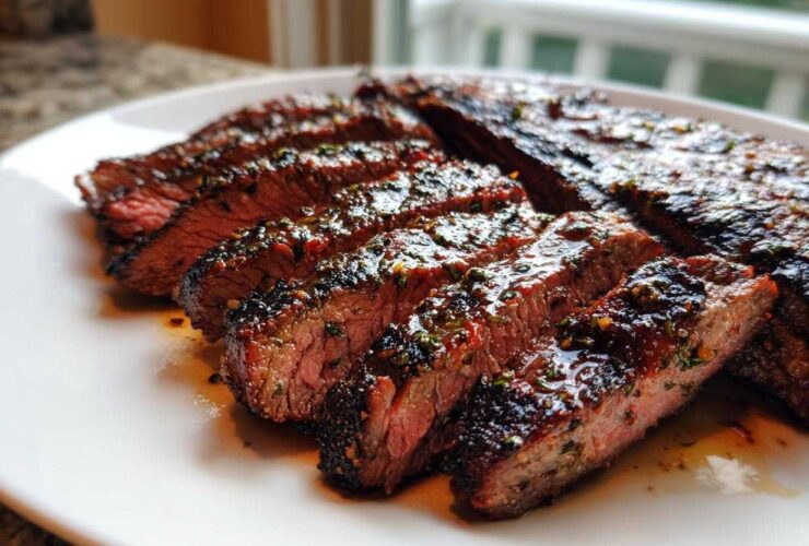 Close-up of perfectly grilled and sliced steak glistening with the amazing carne asada marinade.