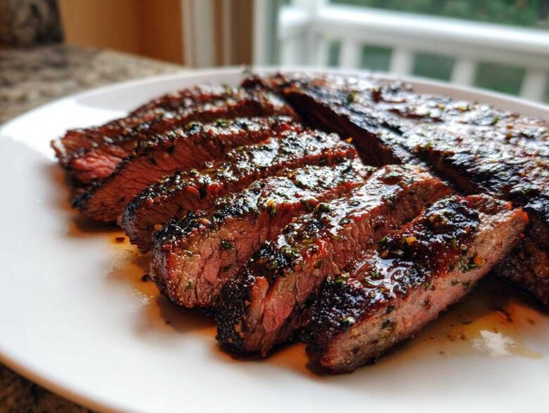 Close-up of perfectly grilled and sliced steak glistening with the amazing carne asada marinade.